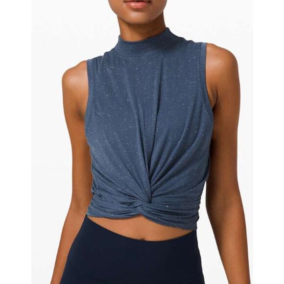 Lululemon Top Time to Restore Mock Neck Tie Tank Iron Blue Athletic Yoga Fitness - Picture 1 of 6